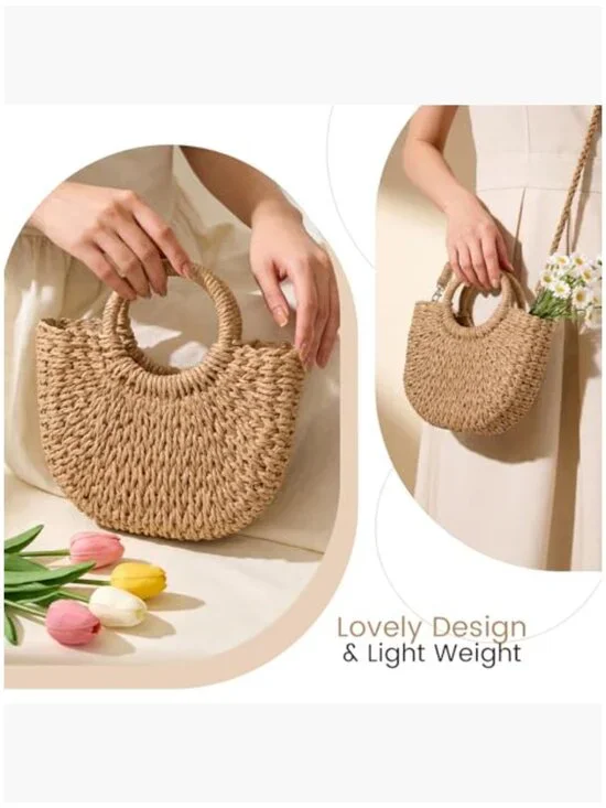 Straw Crossbody Bag for Women, Woven Hobo Purse, Summer Beach Accessory - Picture 5 of 7